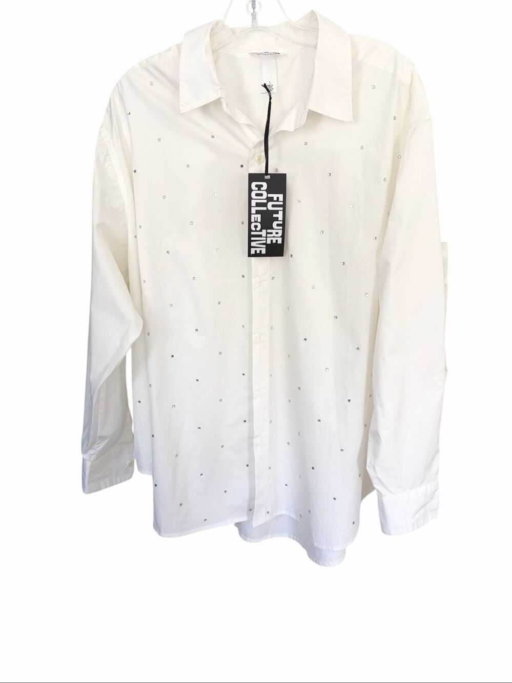 Future Collective White Crispy Cotton studed Button Down Shirt Sz L Oversized NW